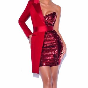 Red sequin crepe tuxedo dress
